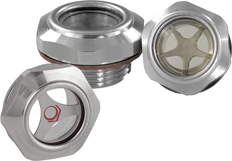Aluminium oil sight glasses with polyamide window